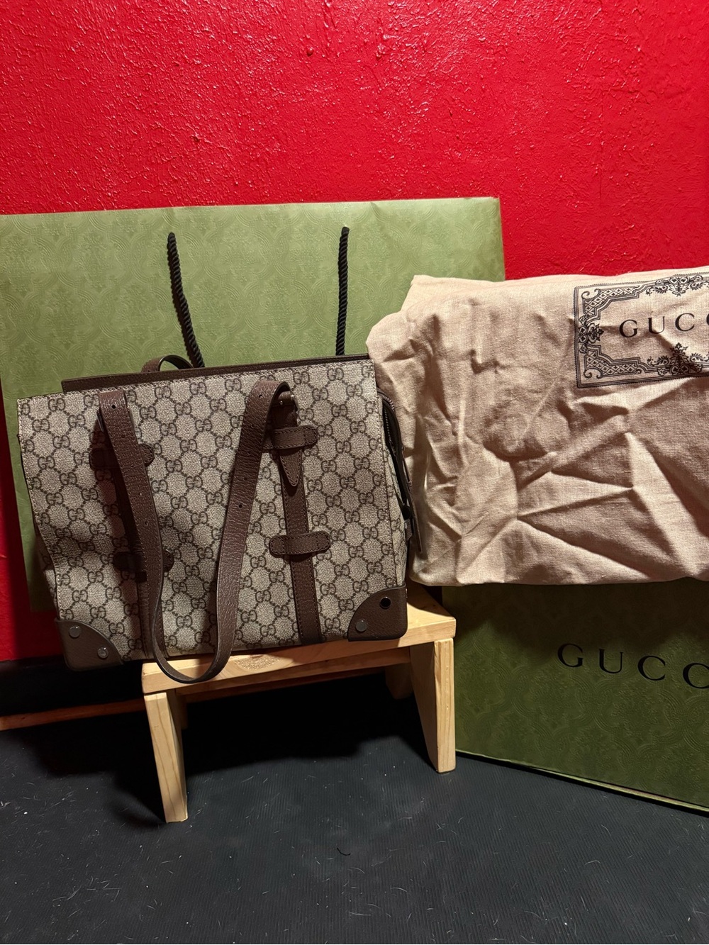 Gucci Beige GG Supreme Canvas Backpack Tote with Brown Trim